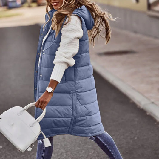 Women'S Long Coat Vest with Hood Autumn Winter Sleeveless Warm Cotton down Coat Waistcoat Quilted Vest down Jacket Outwear 5XL