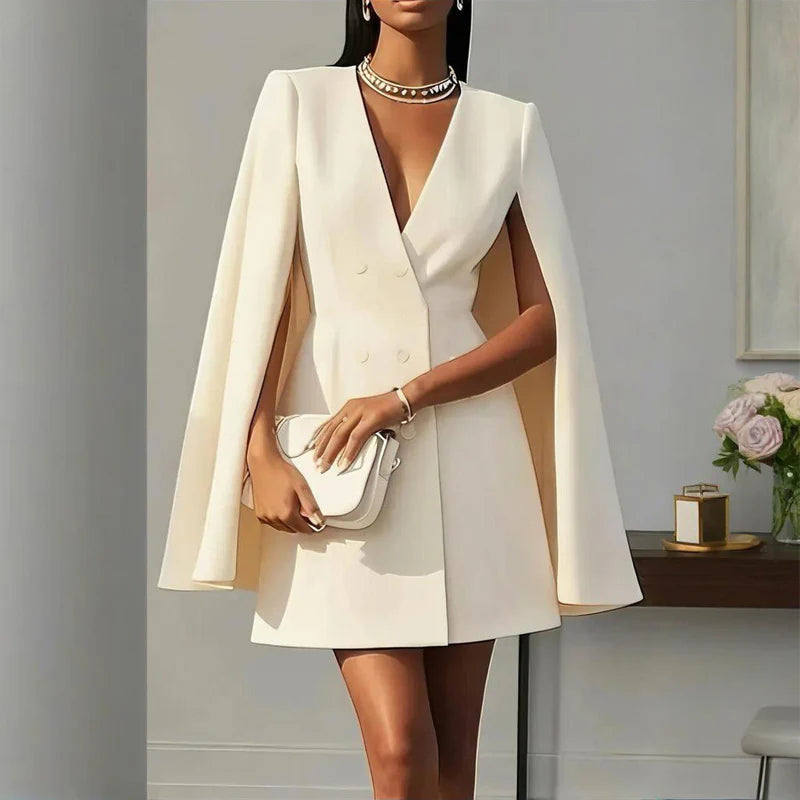 Women Elegant Solid Color V-Neck Double-Breasted Cape Suit Skirt Party Banquet Dress