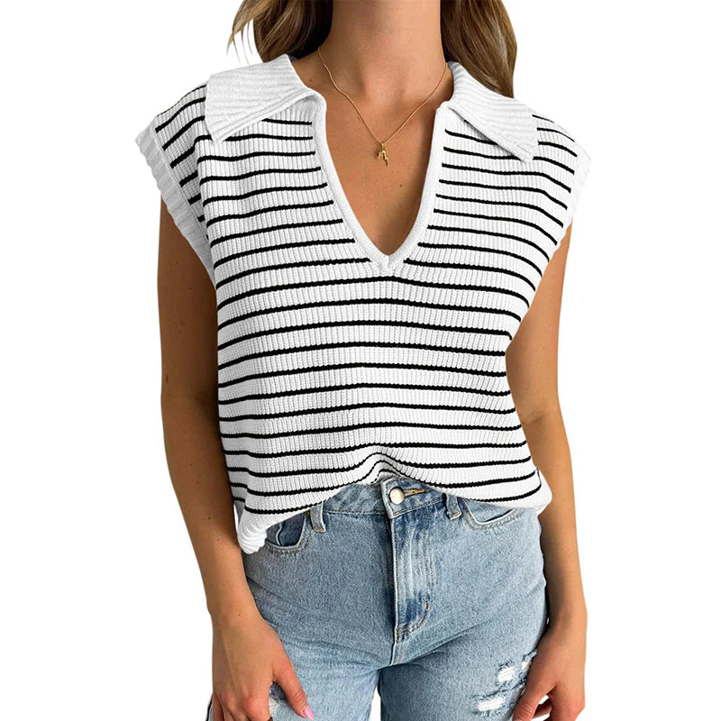 Women V-Neck Cap Sleeveless Neckline Striped Knit Vest