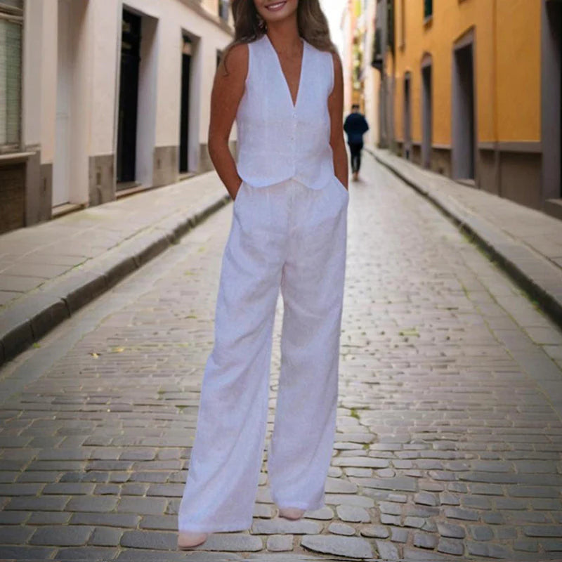 Women Solid Color V-Neck Vest Two-Piece Set Button Front Vest Top with Pocket Pants for Spring & Summer Casual Outfit