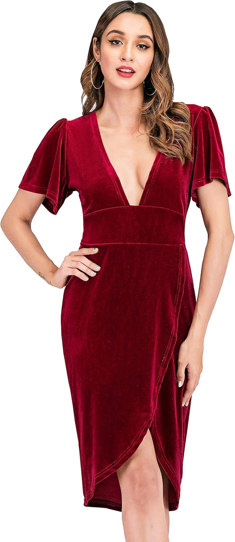Womens Velvet Elegant Deep V Neck Short Sleeve High Low Midi Dresses