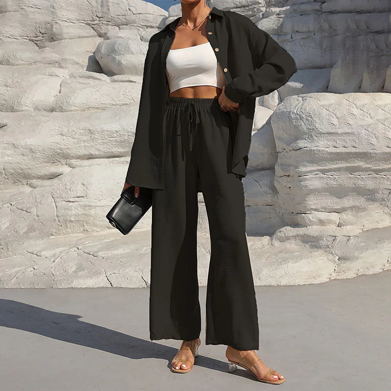 Women Solid Color Lapel Long Sleeve Pants Set - Button-Up Casual Two-Piece Outfit with Drawstring Waist, Spring&Fall Lounge Wear