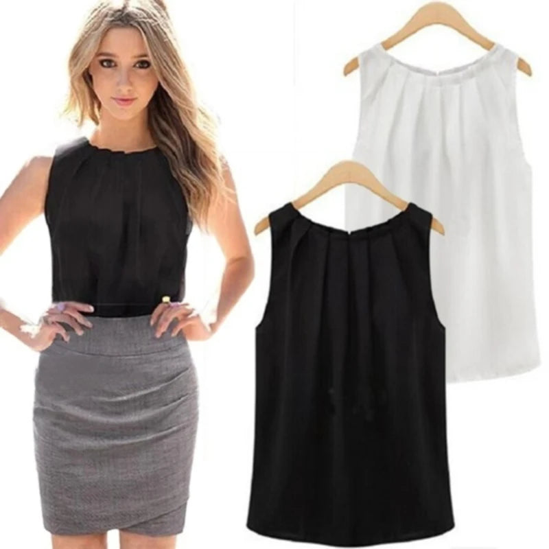 Blouse Women Fashion Sleeveless round Neck Chiffon Blouse Cheap Cloth Korean Hot Sale Vestidos 2023 New Summer Blouse