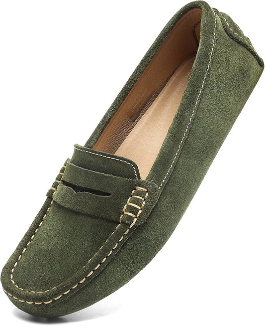 Women'S Suede Leather Casual Penny Loafers Retro Ladies Moccasins Driving Mocs Comfort Slip-On Fashion Boat Shoes Classic Flats