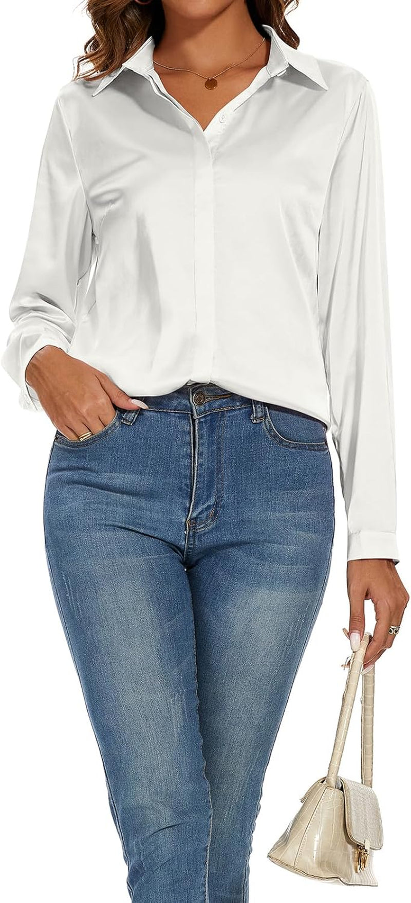 Women'S Silk Blouse Long Sleeve Lady Shirt Casual Office Work Blouse Shirt Tops