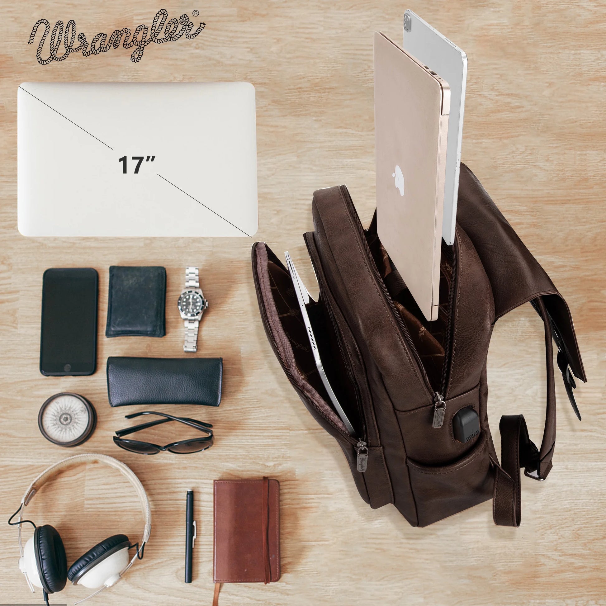 Wrangler Leather Backpack Purse for Women Laptop Backpack Fashion Pink Backpack, Coffee