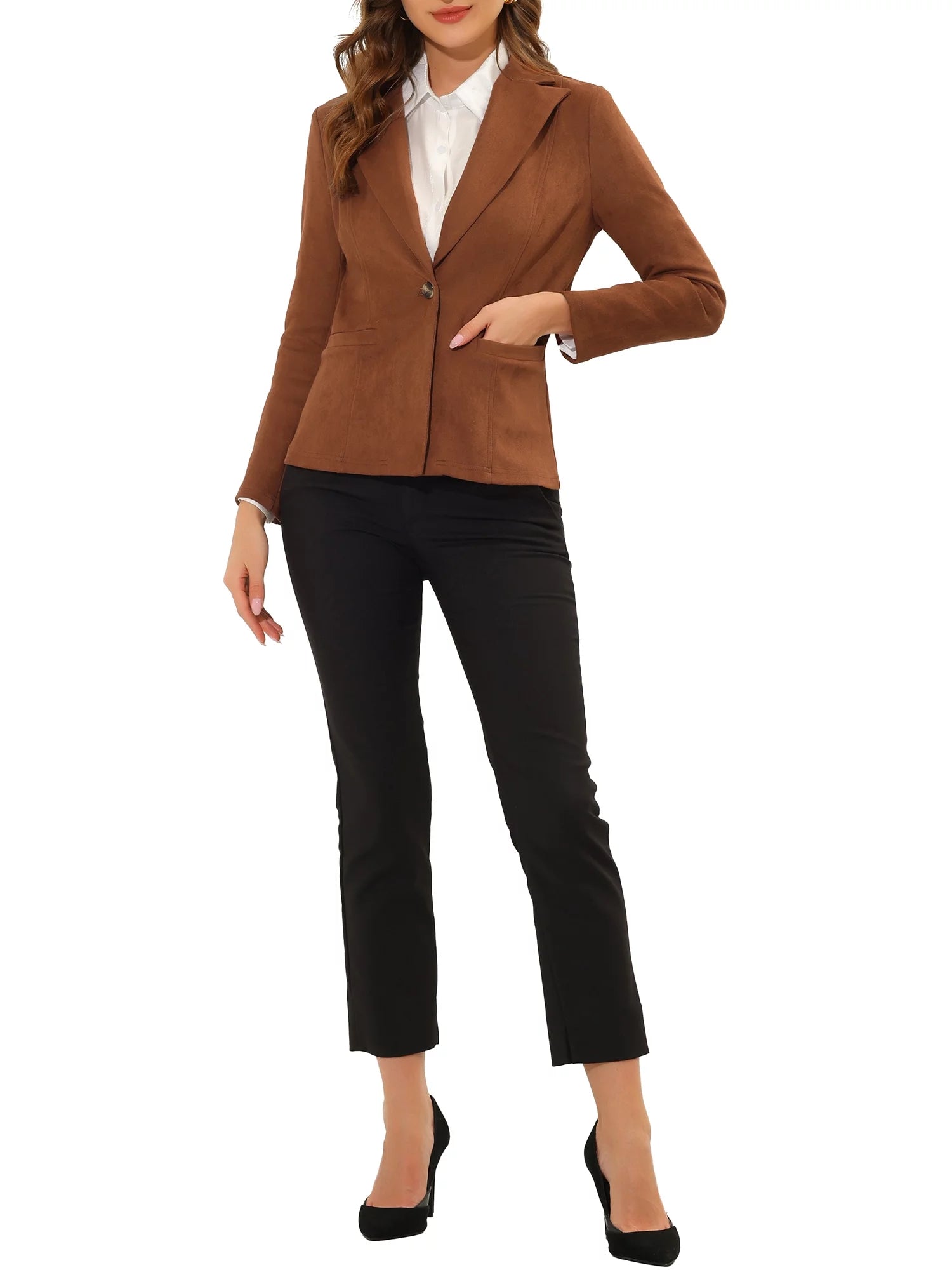 Faux Suede Casual Blazer for Women'S Lapel Collar Long Sleeve Work Office Jacket L Caramel