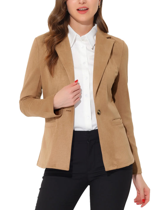 Faux Suede Casual Blazer for Women'S Lapel Collar Long Sleeve Work Office Jacket L Khaki