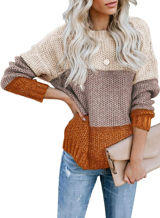Womens Color Block Crew Neck Knit Sweater Long Sleeve Loose Pullover Jumper Tops Yellow S