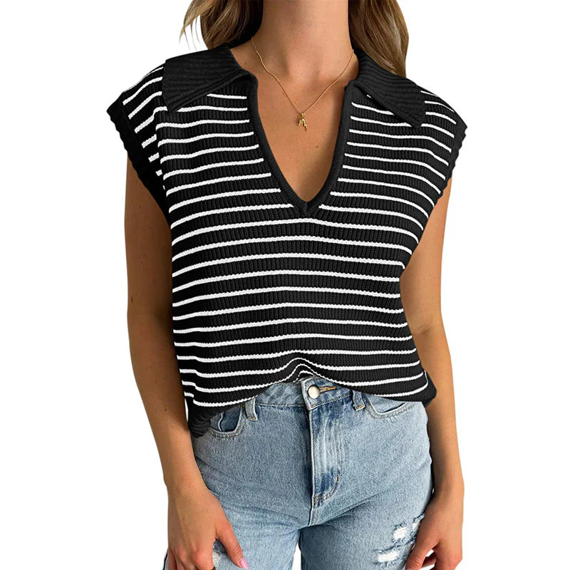 Women V-Neck Cap Sleeveless Neckline Striped Knit Vest