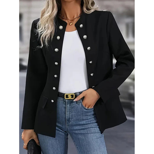 Women Open Front Mock Neck Double Breasted Long Sleeve Blazer Business Jacket