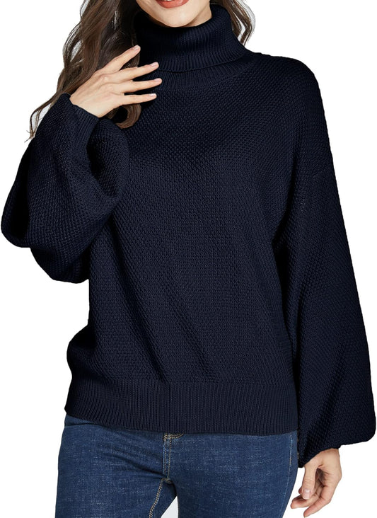 -Oversized-Sweaters-For-Women-Turtleneck Sweaters Drop Shoulder Pullover Knit Long Lantern Sleeve Casual