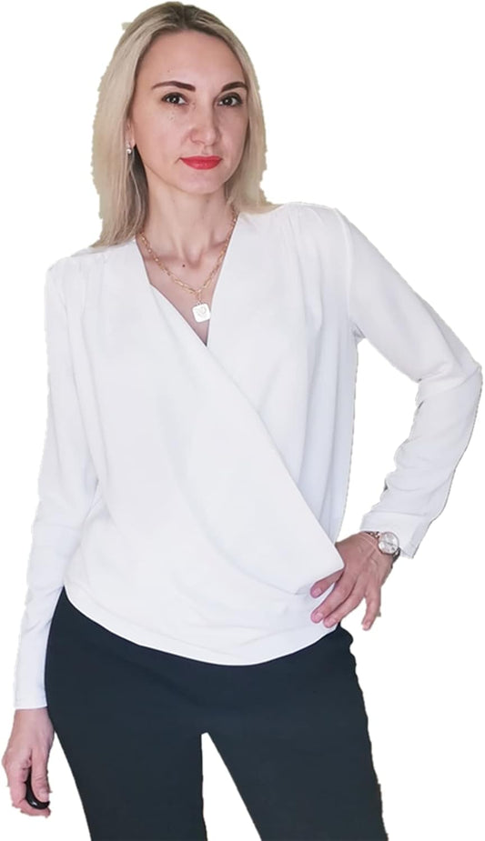 Women Blouse Satin V Neck Long Sleeve Cross Wrap Blouse