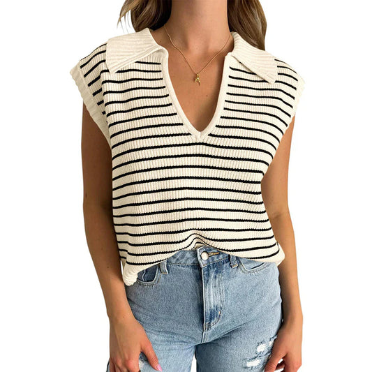 Women V-Neck Cap Sleeveless Neckline Striped Knit Vest