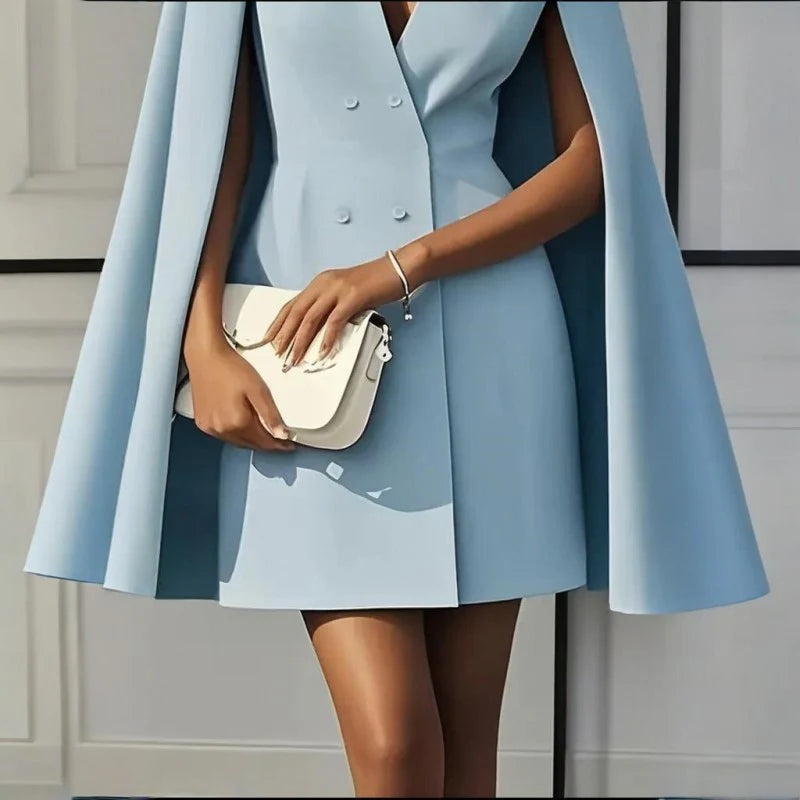 Women Elegant Solid Color V-Neck Double-Breasted Cape Suit Skirt Party Banquet Dress