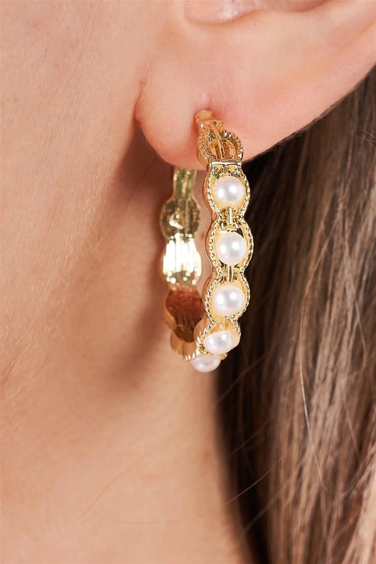 Boho Gold Pearl Scalloped Huggie Hoop Earrings