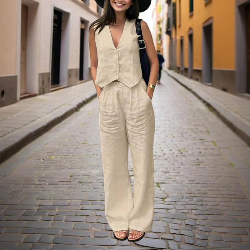 Women Solid Color V-Neck Vest Two-Piece Set Button Front Vest Top with Pocket Pants for Spring & Summer Casual Outfit
