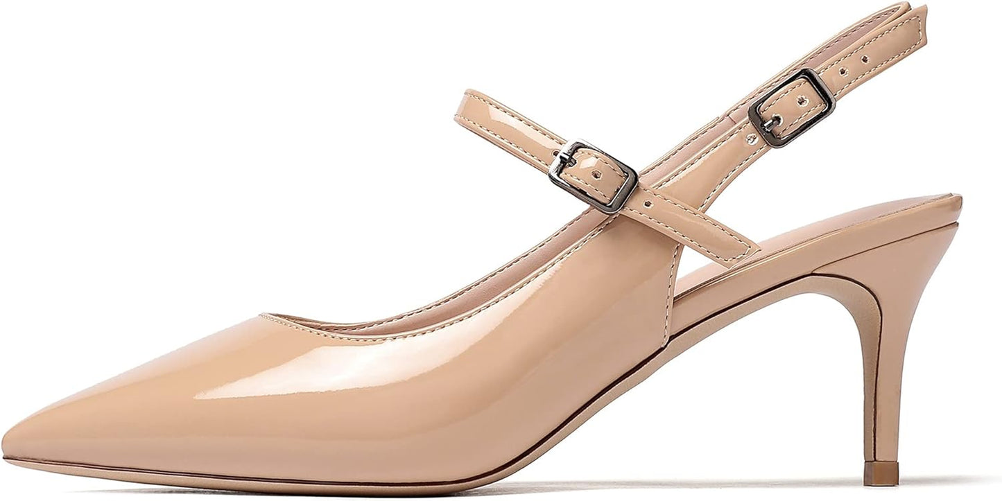 Women'S Pointed Toe Slingback Pumps, Low Heel Ankle Strap Chic Sandals, Classy Kitten Heel 2.5" Heel for Office Dress
