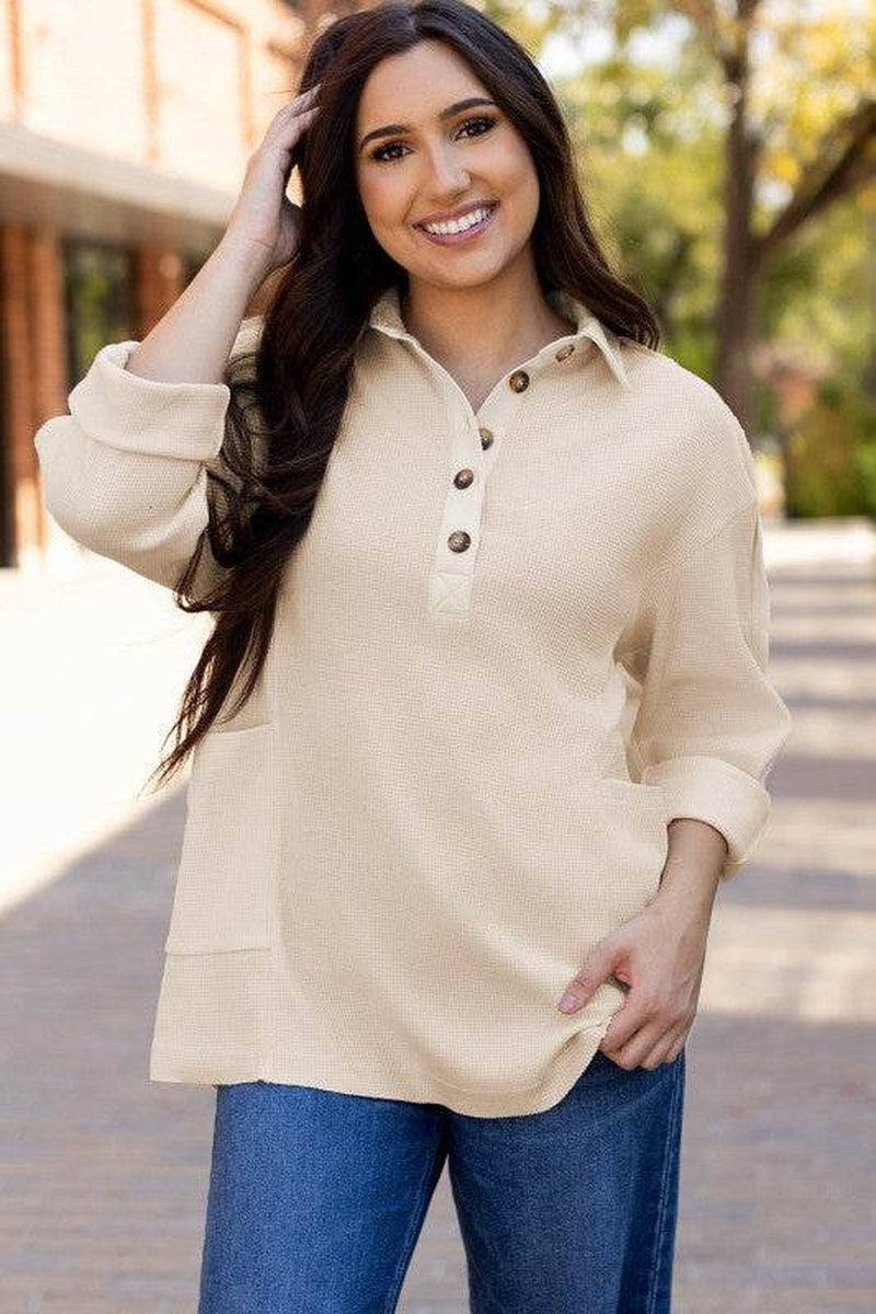Arianna Waffle Half Button Top
