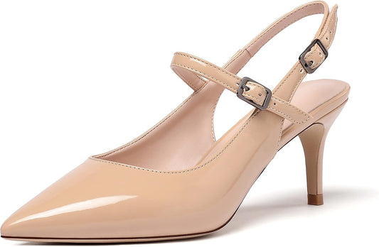 Women'S Pointed Toe Slingback Pumps, Low Heel Ankle Strap Chic Sandals, Classy Kitten Heel 2.5" Heel for Office Dress