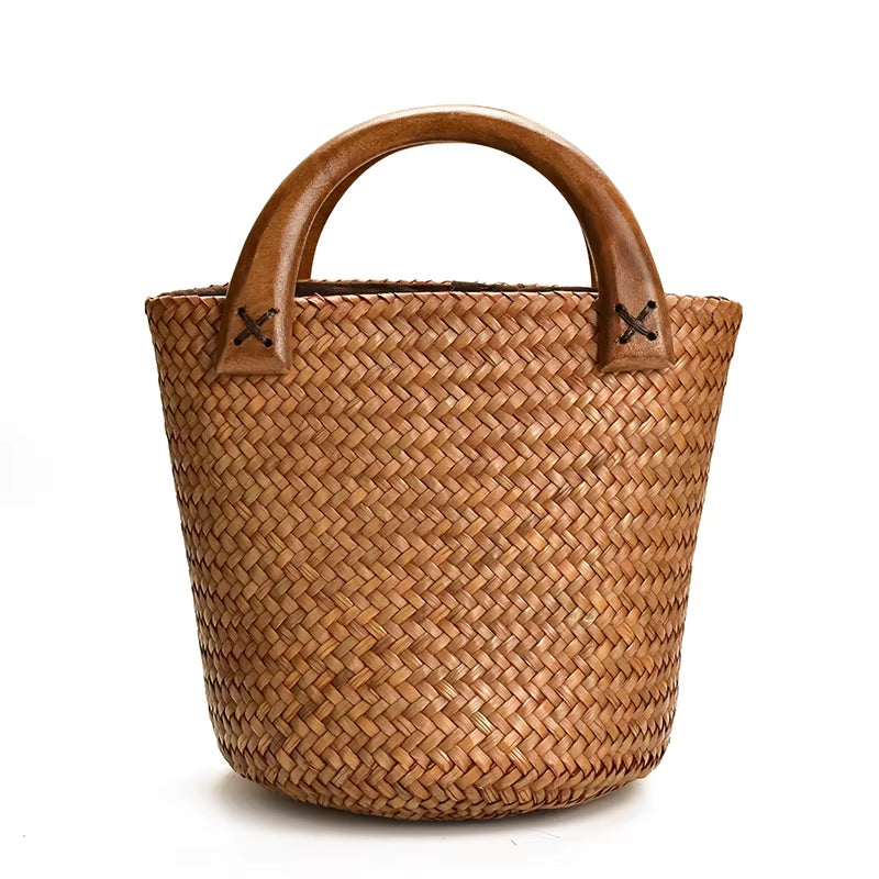 Handmade Wood Handle Straw Bag Vintage Woven Handbags Seaside Vacation Bag Rattan Bucket Bag