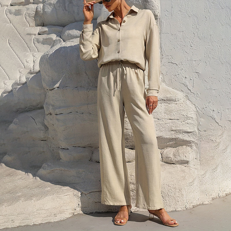 Women Solid Color Lapel Long Sleeve Pants Set - Button-Up Casual Two-Piece Outfit with Drawstring Waist, Spring&Fall Lounge Wear