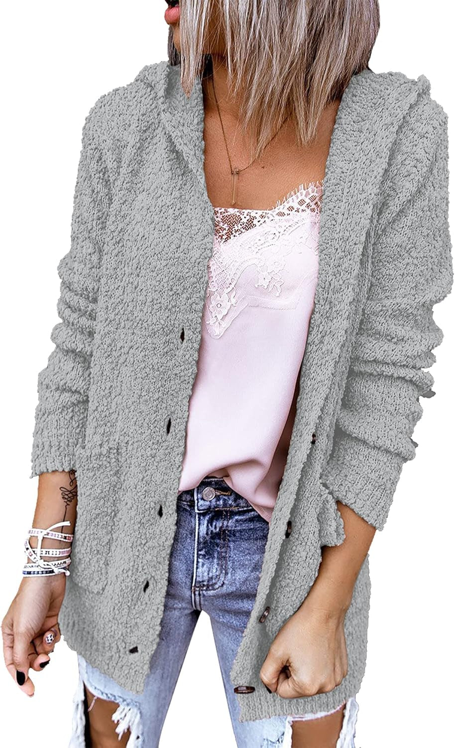 Women'S Hooded Oversized Popcorn Cardigans Button Fuzzy Knit Sweaters Coat