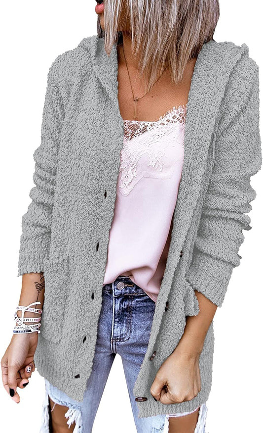 Women'S Hooded Oversized Popcorn Cardigans Button Fuzzy Knit Sweaters Coat