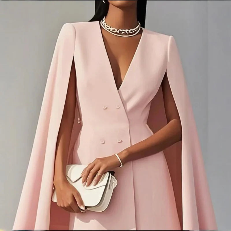 Women Elegant Solid Color V-Neck Double-Breasted Cape Suit Skirt Party Banquet Dress