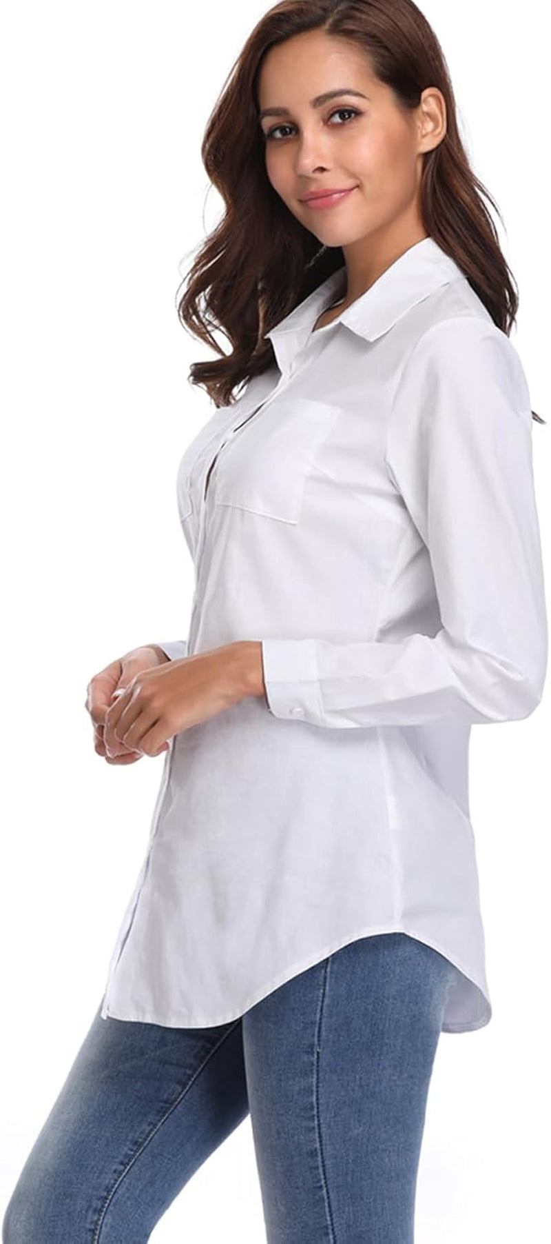 Women'S Chambray Button down Shirt, Long Sleeve Cotton Blouse, Long Jeans Tunic Top