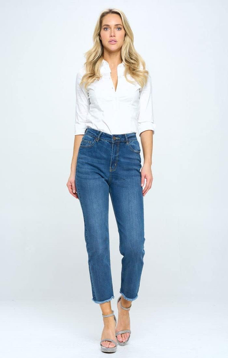 Women'S High Rise Slim Straight Stretch Jeans Frayed Hem Denim (JP1144H,DK,9)