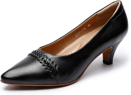 Women'S Leather Pump Med Heel Pointed Toe Office Dress Shoes for Ladies