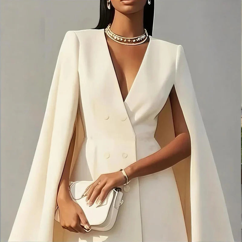 Women Elegant Solid Color V-Neck Double-Breasted Cape Suit Skirt Party Banquet Dress