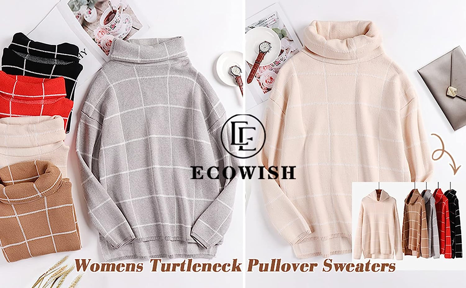 Women Fall Pullover Sweater Turtleneck Plaid Long Sleeve Loose Casual Chunky Checked Knit Winter Sweaters Jumper Tops